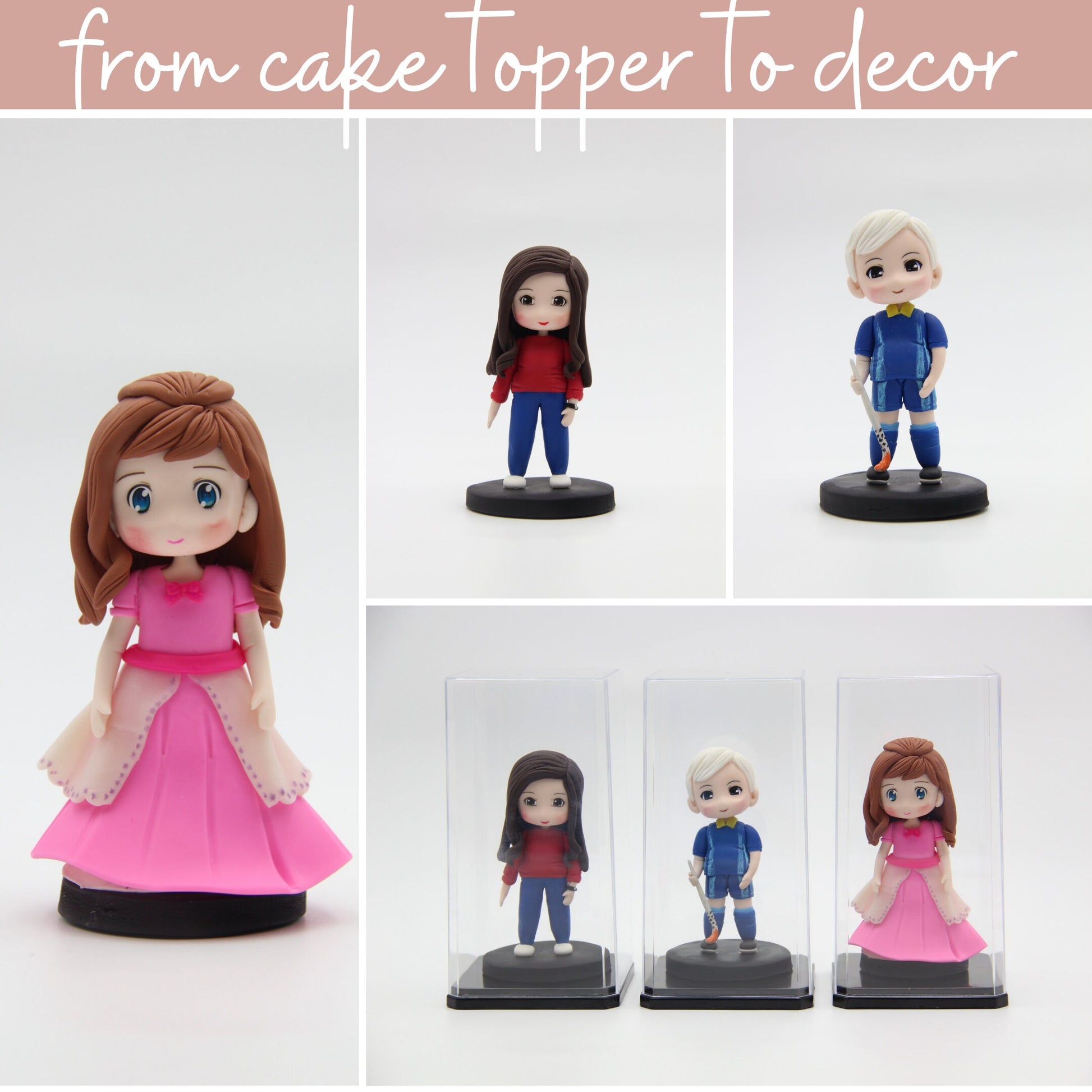 Custom made air dry clay figurine cake topper for weddings, birthdays and special occasions, personalized mini me figure