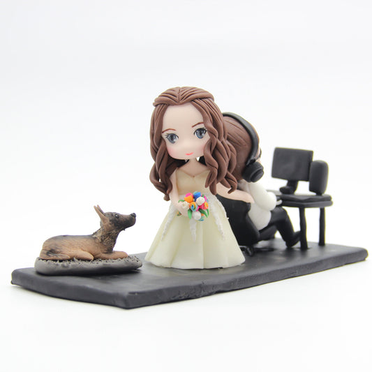 Video Game INSPIRED Funny Custom Made Wedding Cake Topper of Gamer Junkie Gaming Addict Bride and Groom Clay Figurines