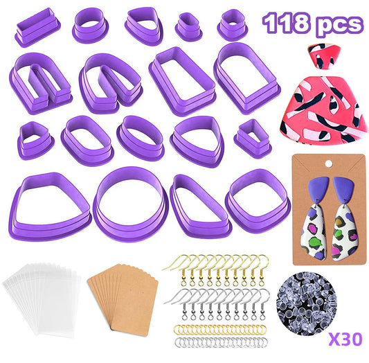 118Pcs Multi Shapes Clay Polymer Cutters with Earring Studs and Hooks, Clay Cutters Set DIY Polymer Clay Plastic Jewelry