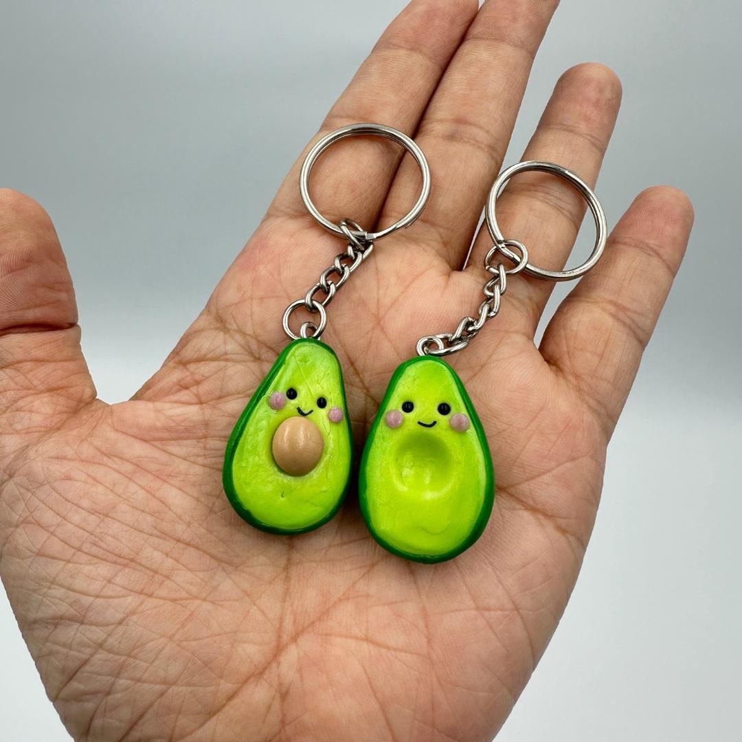 Handmade Avocado Friendship Keychain Set - Customizable with Initials - Cute Air Dry Clay Keychains