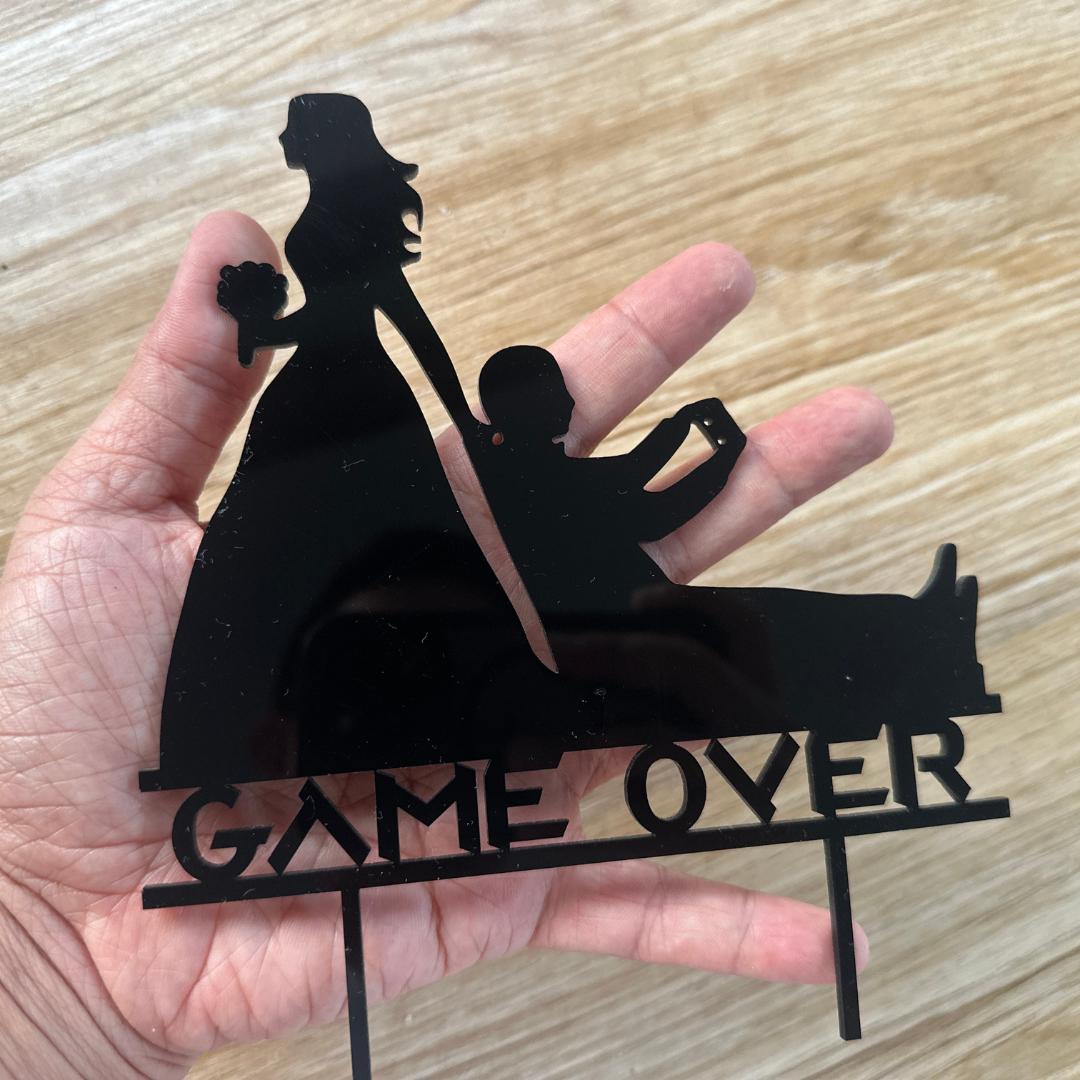 Funny Gamer Wedding Cake Topper | Bride Dragging Groom | Game Over Cake Topper | Mr and Mrs Funny Wedding Acrylic Cake Topper, Silhouette