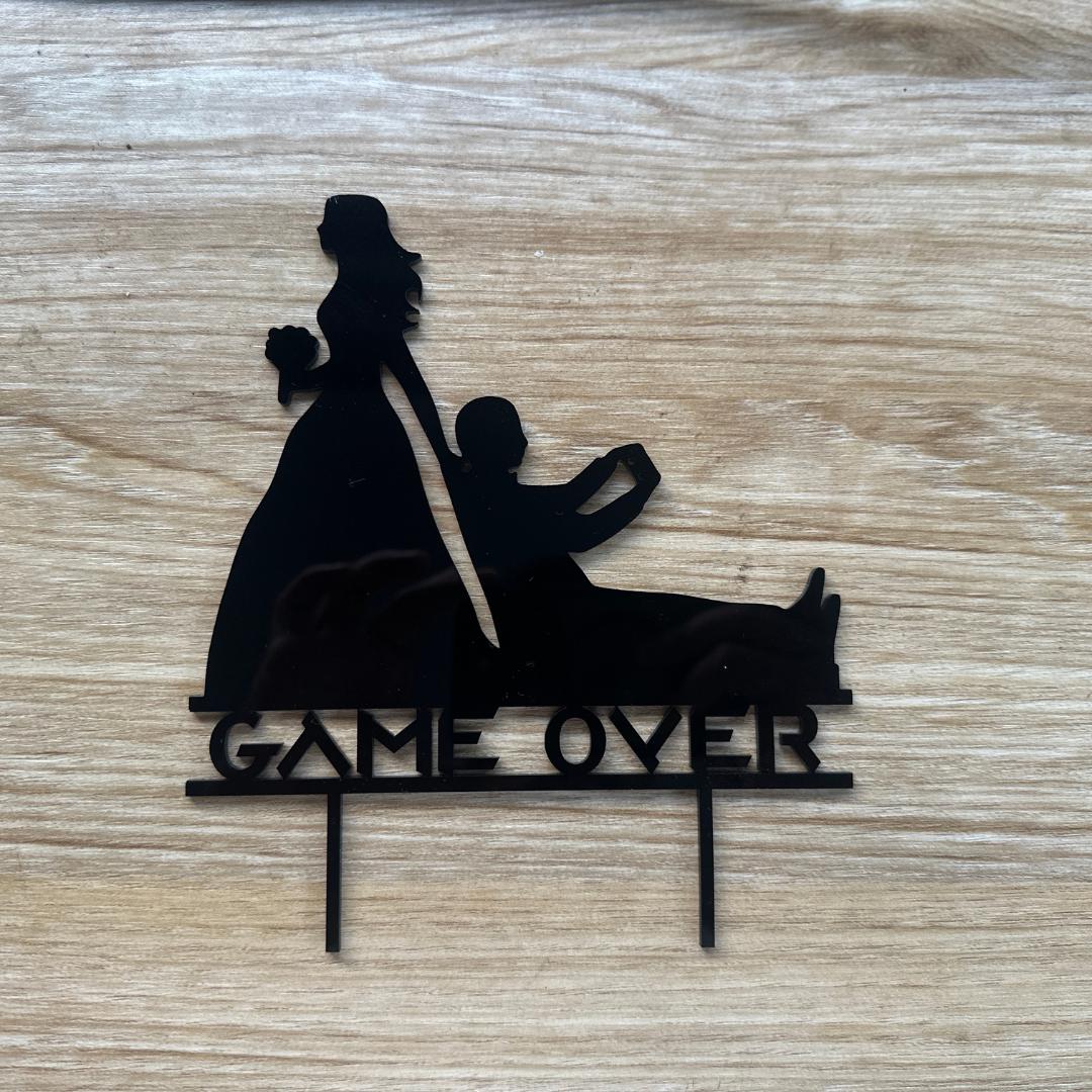 Funny Gamer Wedding Cake Topper | Bride Dragging Groom | Game Over Cake Topper | Mr and Mrs Funny Wedding Acrylic Cake Topper, Silhouette