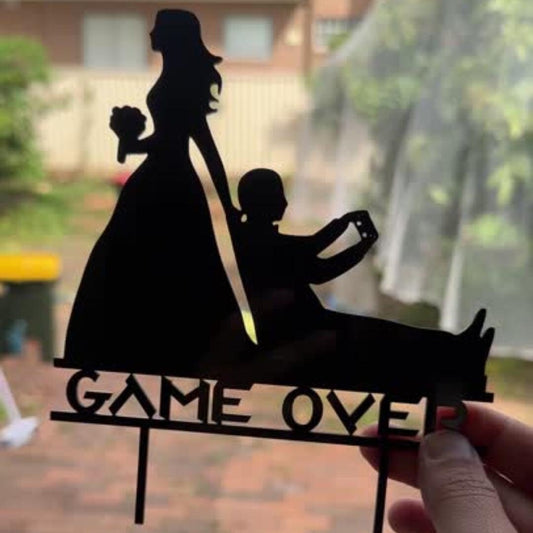 Funny wedding cake topper bridge dragging groom, gamer wedding cake topper, game over silhouette cake topper for wedding