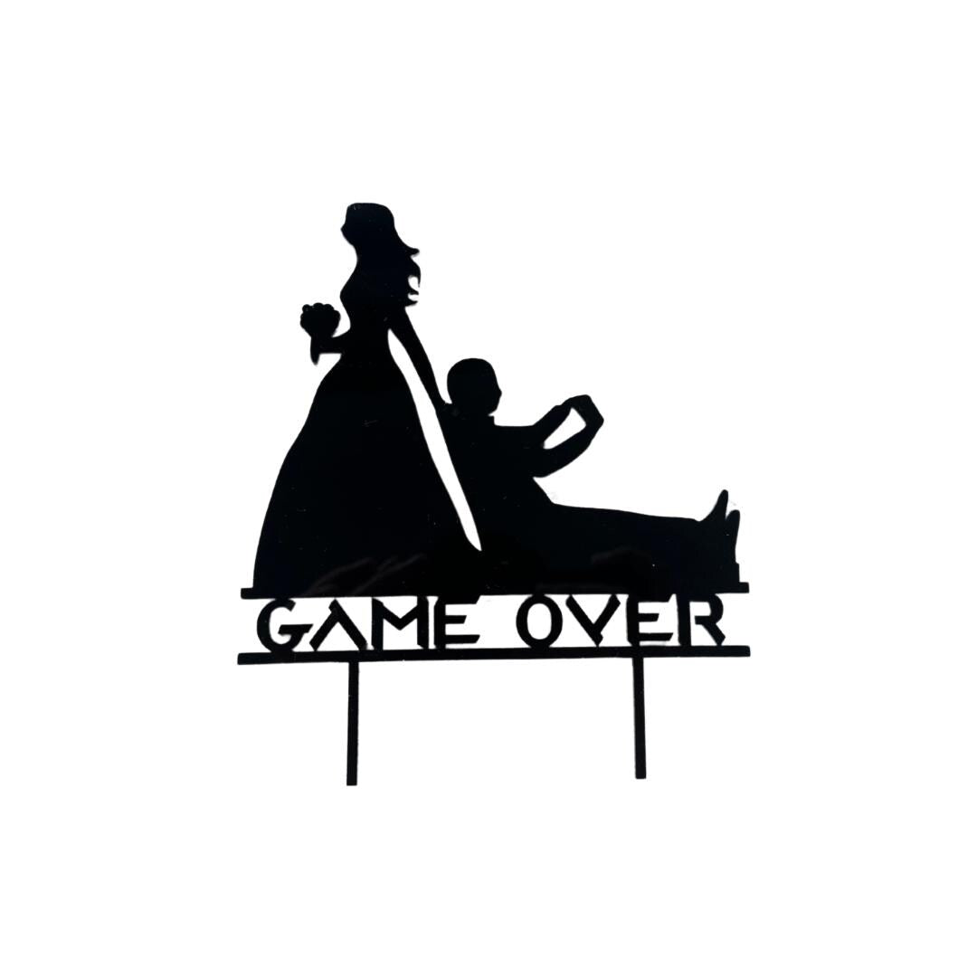 Funny Gamer Wedding Cake Topper | Bride Dragging Groom | Game Over Cake Topper | Mr and Mrs Funny Wedding Acrylic Cake Topper, Silhouette