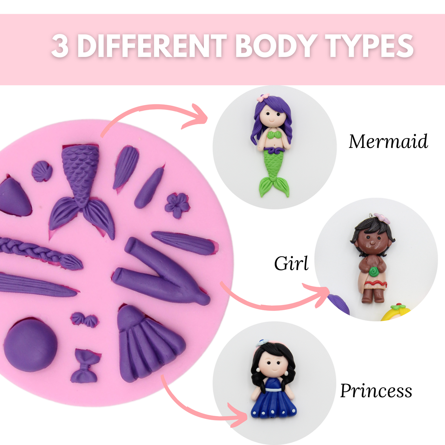 Mermaid Princess Chibi Doll DIY Air Dry Clay Kit With Silicone Mould, Keychain and Clay Tools